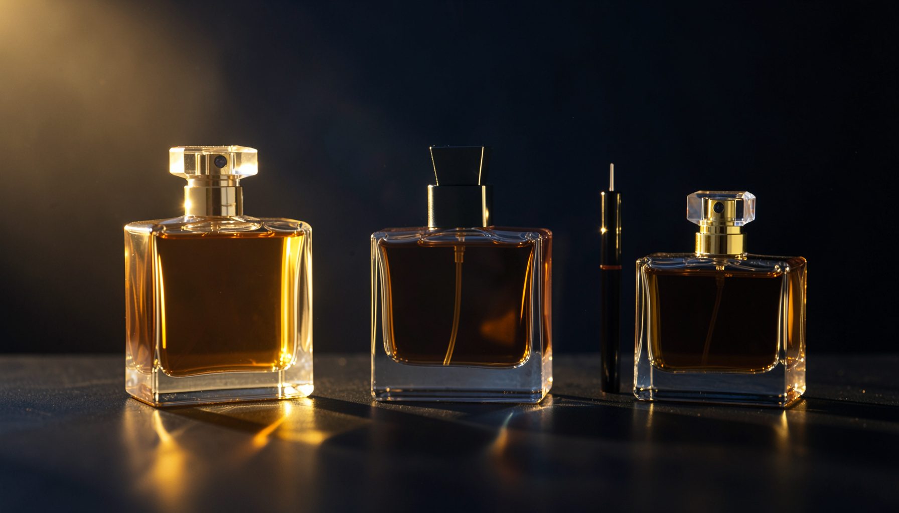 زجاجات عطور فاخرة متنوعة على خلفية داكنة مع إضاءة ذهبية دافئة