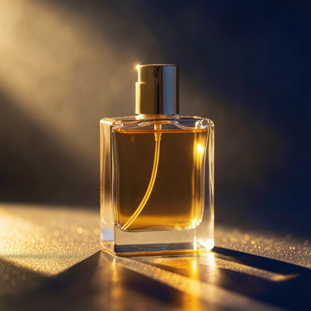 زجاجة عطر أنيقة على خلفية دافئة بألوان ذهبية وكهرمانية، مع إضاءة ناعمة تعكس الفخامة والرقي