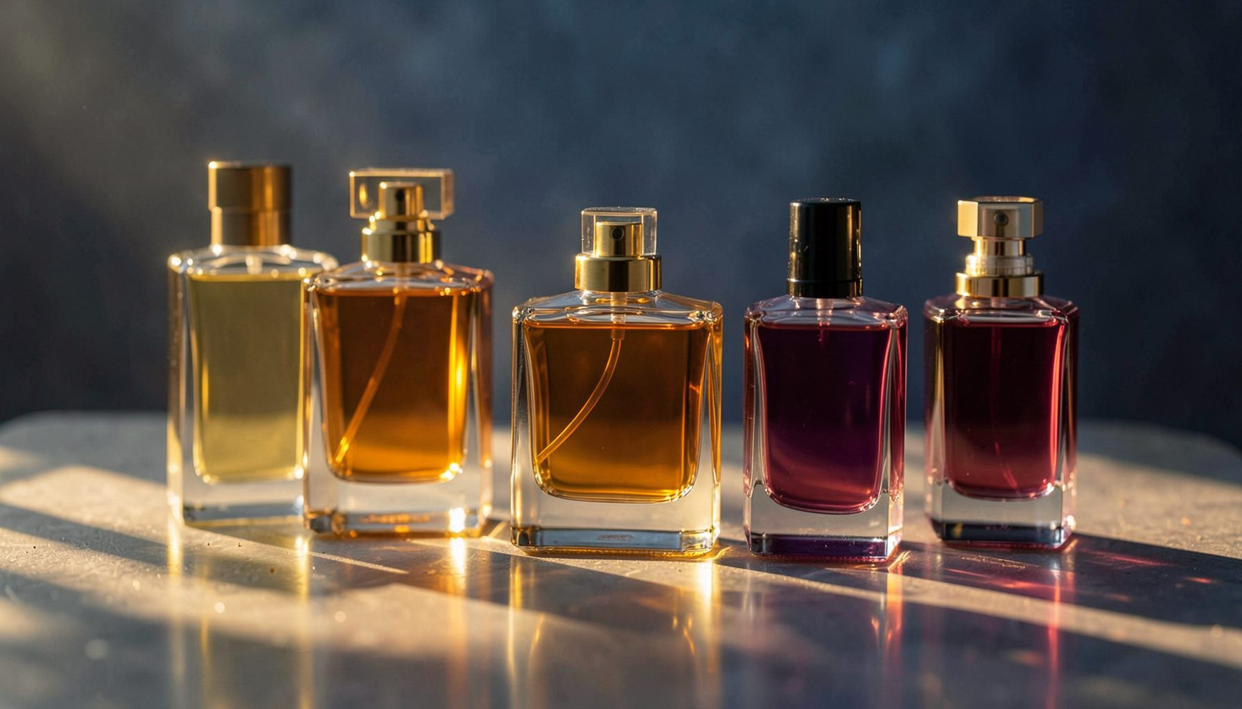 مجموعة من زجاجات العطور الفاخرة مرتبة بأناقة على سطح رخامي، بألوان دافئة من الذهبي والعنبر والبنفسجي، مع إضاءة خافتة تبرز فخامة الزجاج